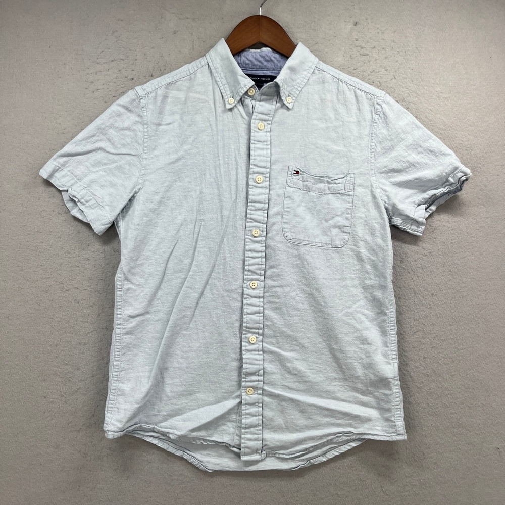 Tommy Hilfiger Button Down Shirt Mens Small Blue Linen Blend Short Sleeve Preppy
